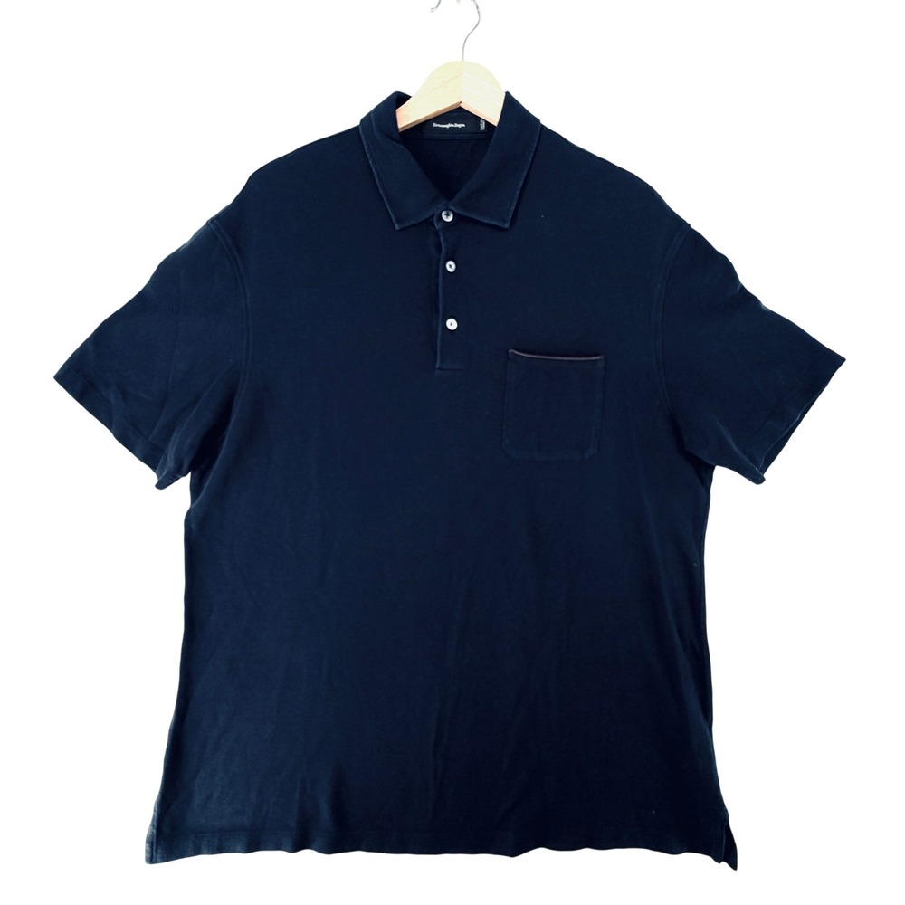 Ermenegildo Zegna Mens Leather Trimmed Cotton Piqué Polo Shirt Size XL Luxury